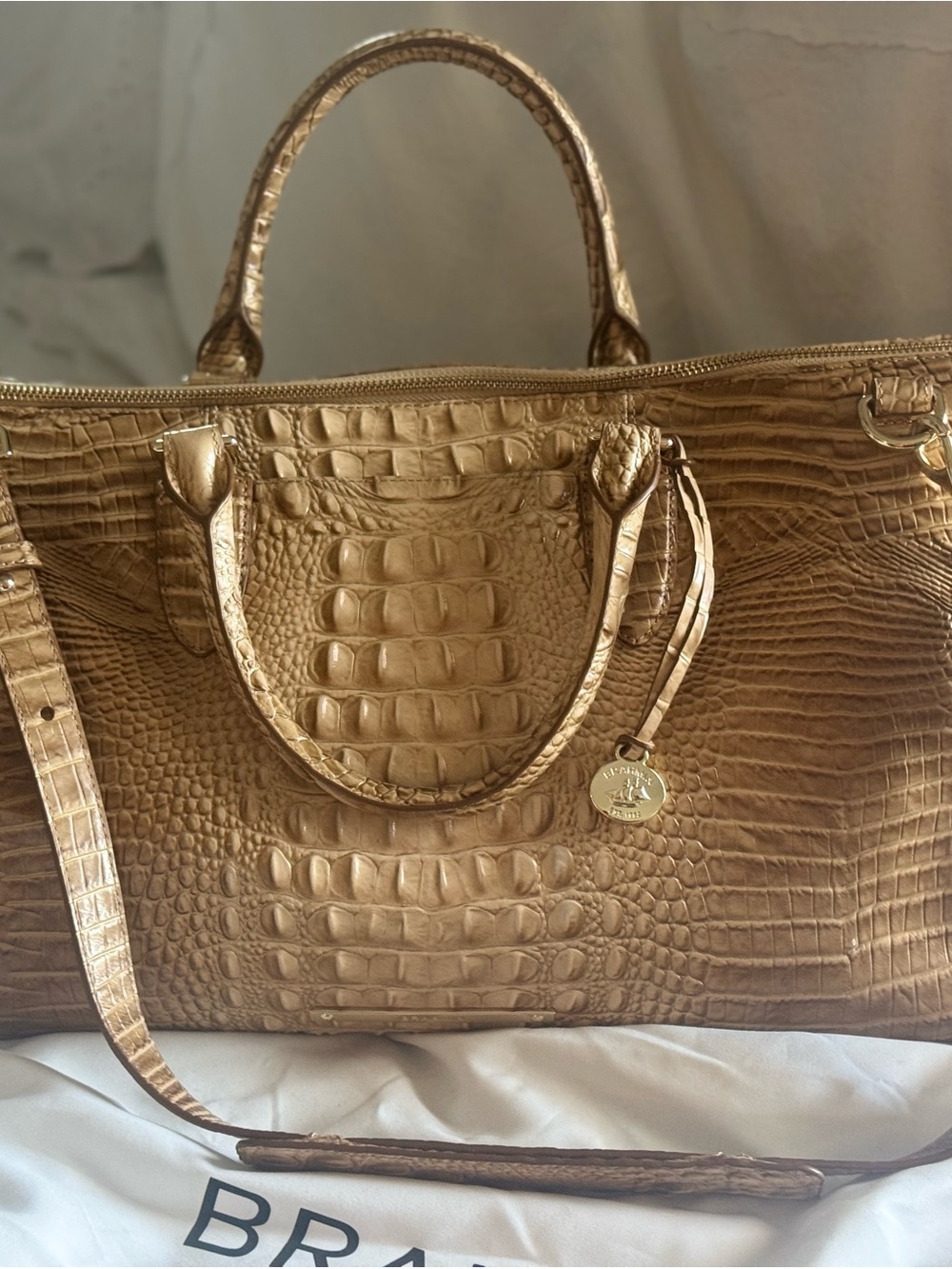 Brahmin Shiny Gold Croc-Embossed Travel Satchel